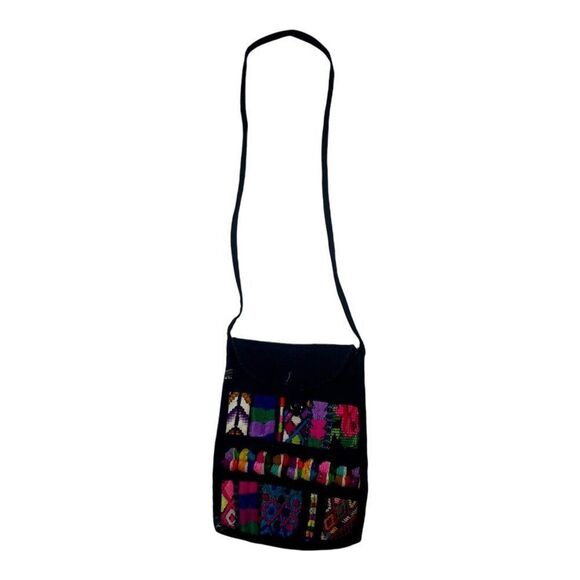 Vintage Mexico Embroidered Crossbody Miniature Bag Button Closure & Long Strap - Picture 2 of 7